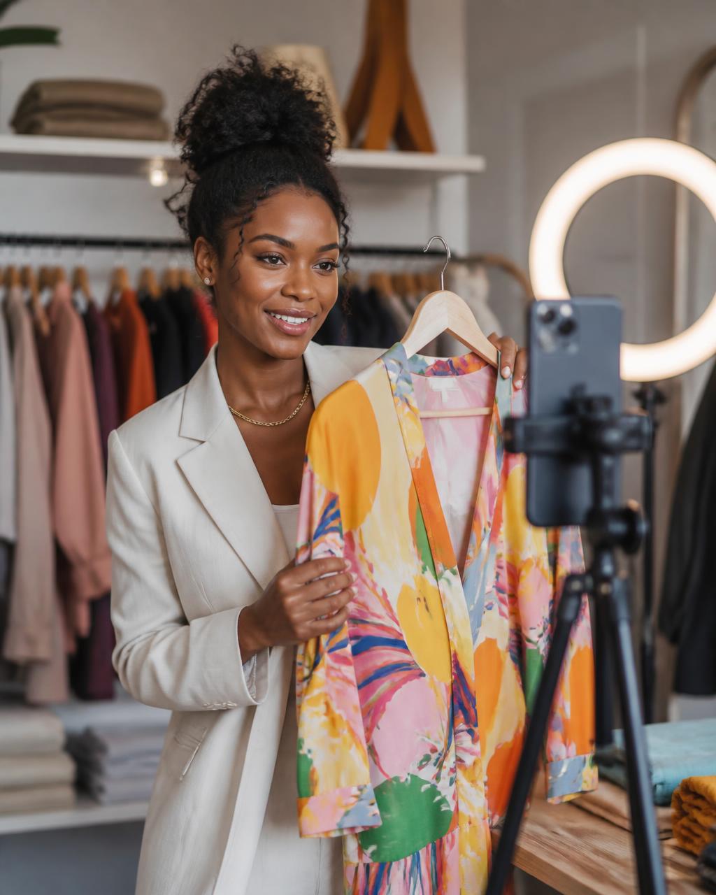 Vendeuse animant un live TikTok depuis sa boutique